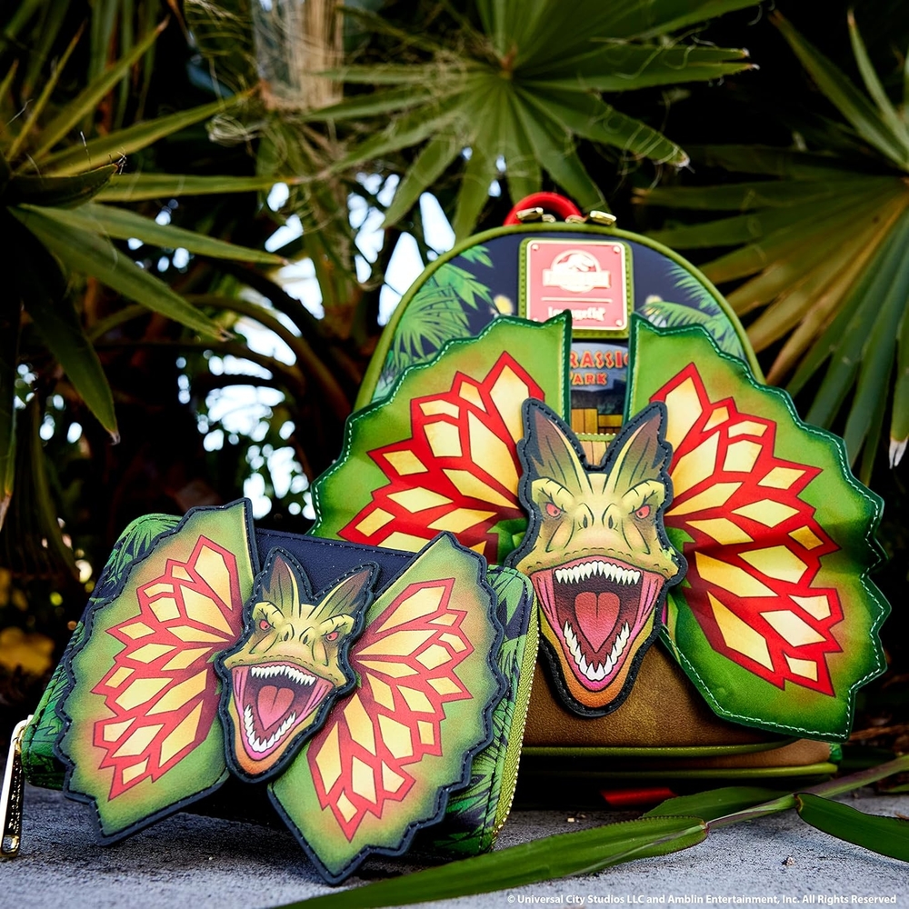 Loungefly Jurassic Park Green and Red Backpack and Wallet Set